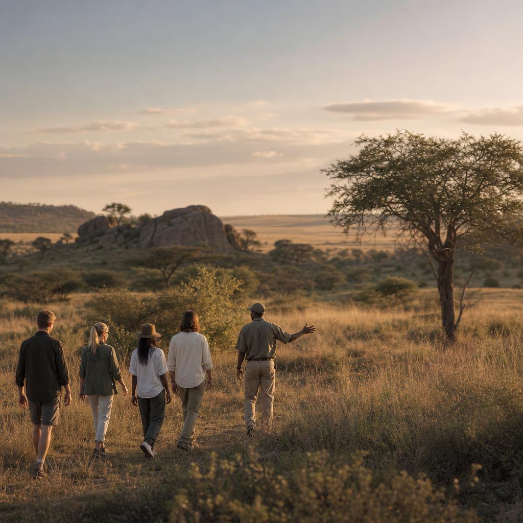 A small group walking through open grassland with a guide.