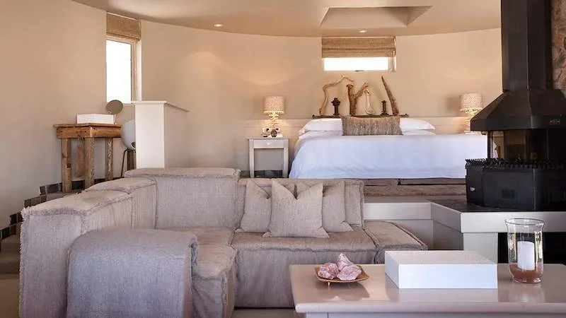 A quiet guest bedroom inside Sossusvlei Desert Lodge.