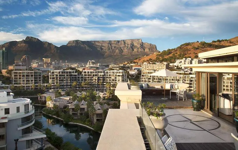 A high terrace overlooks Cape Town’s waterfront and Table Mountain.