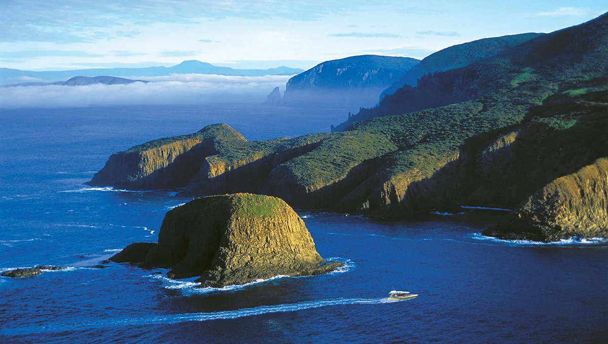 A rugged Bruny Island coastline with a sea stack rising from the water.