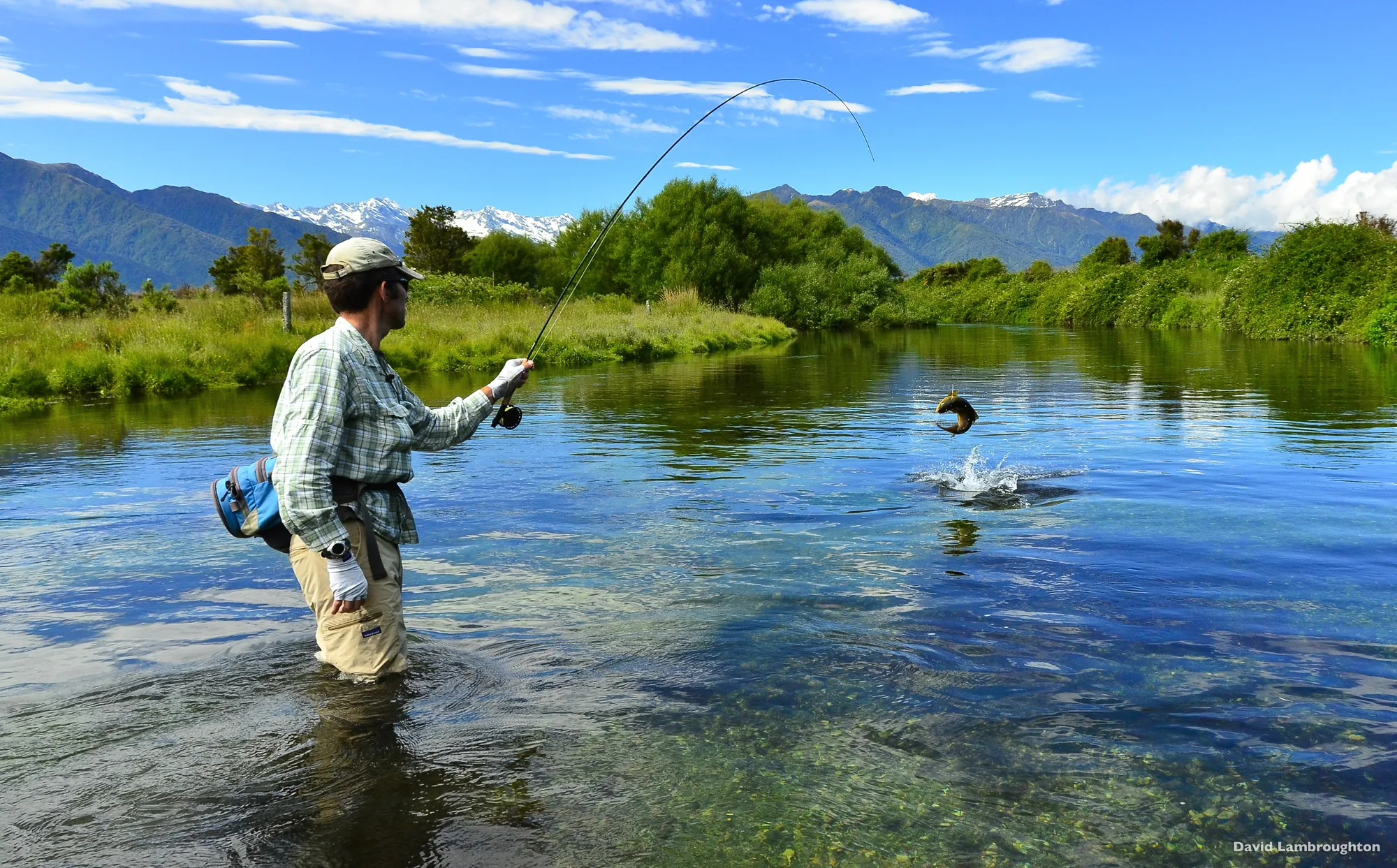 An angler fly-fishes while wading in a clear New Zealand river.
