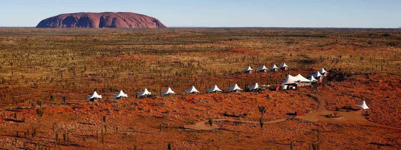 Camels cross the red desert with Uluru in the distance.