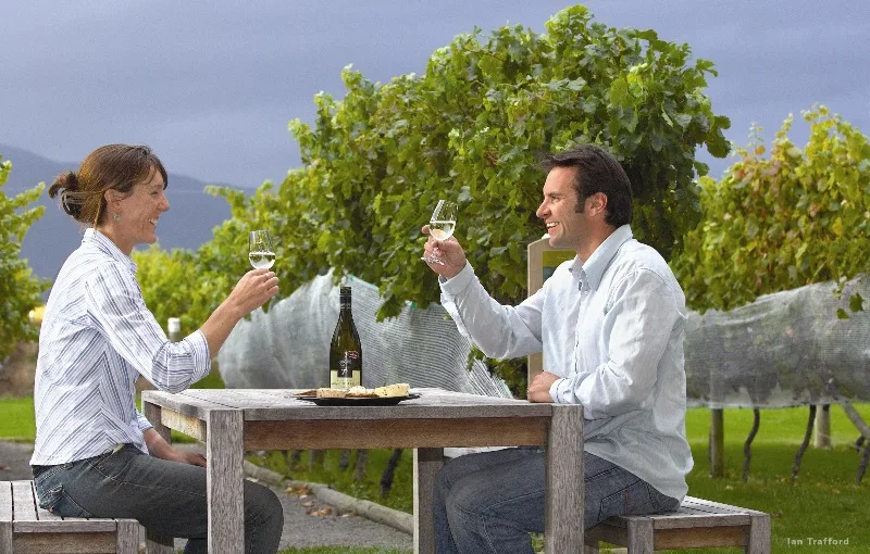 Guests share a meal outdoors at a Marlborough wine-country table.