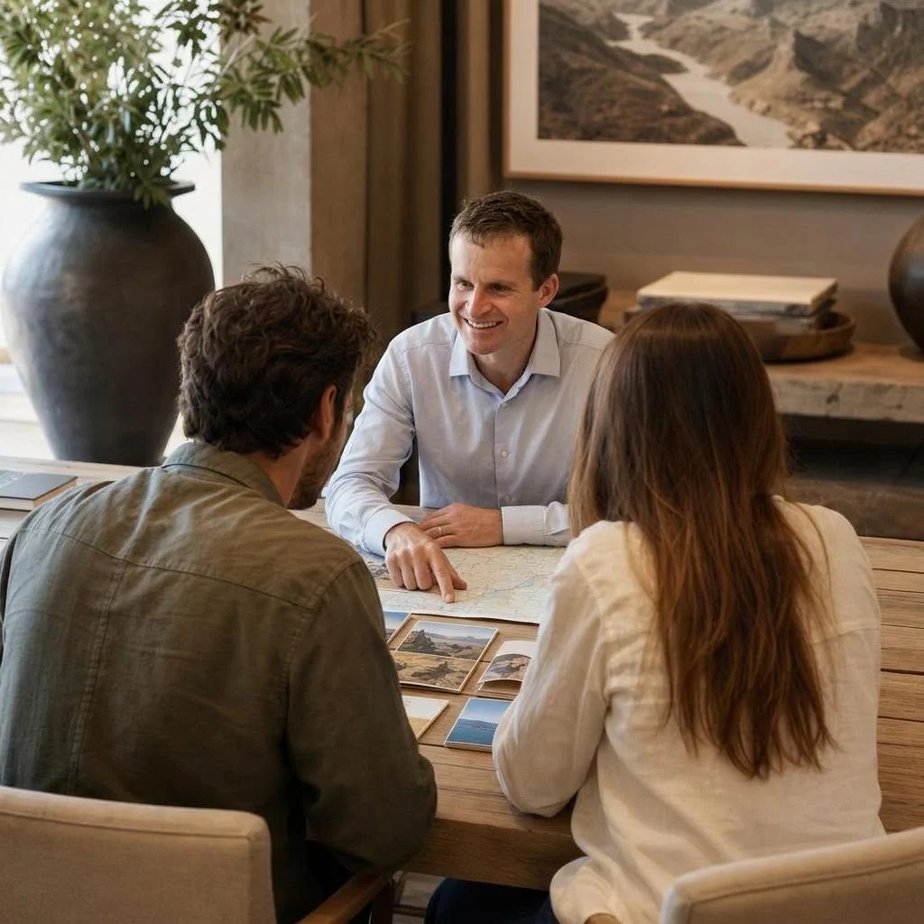 A couple discussing a map and travel photographs with their travel designer.