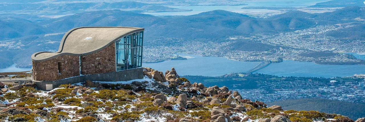 A mountain-top lookout with a panoramic view of Hobart and its waterways.