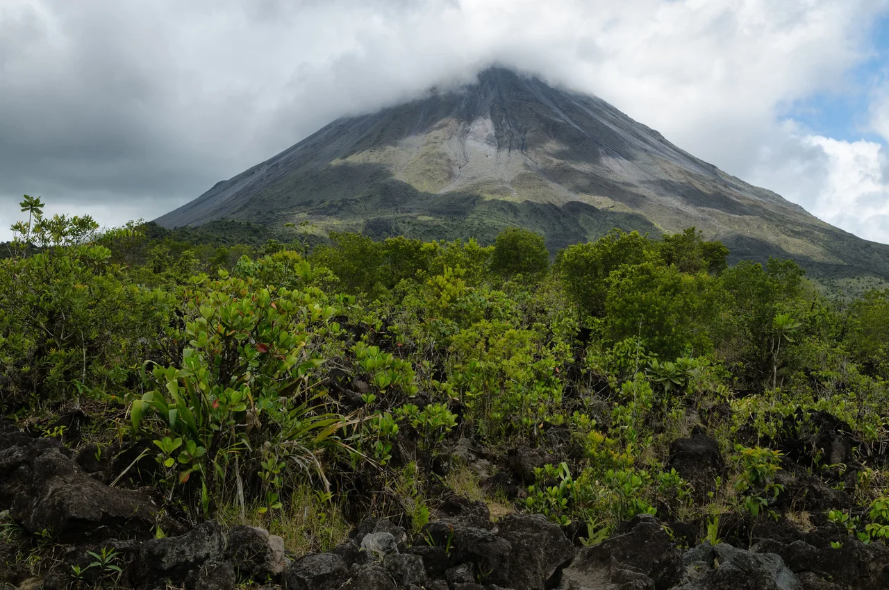A cloud-covered volcano rising above green forest.