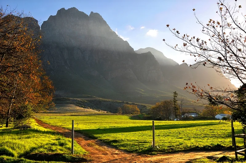 Sunlit green fields and trees beneath a rugged mountain range.